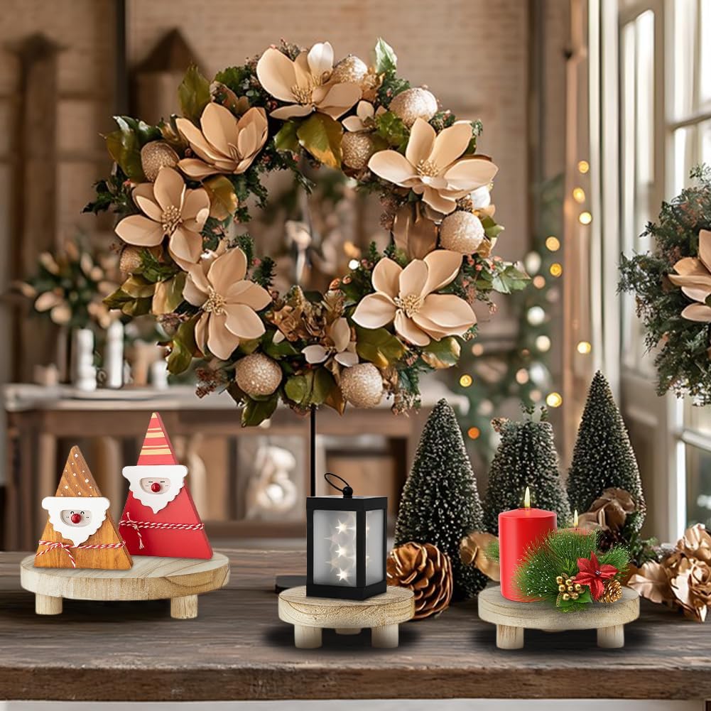 AHANDMAKER 3Pcs Round Wood Risers for Decor Display Base Riser Stand Wood Pedestal Rustic Farmhouse Riser for Home Kitchen (Almond Color, 8/6/5 Inch)