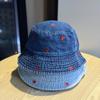 Spring and summer versatile heart-embroidered blue denim bucket hat for women, with wide brim that makes the face look smaller, provides sun