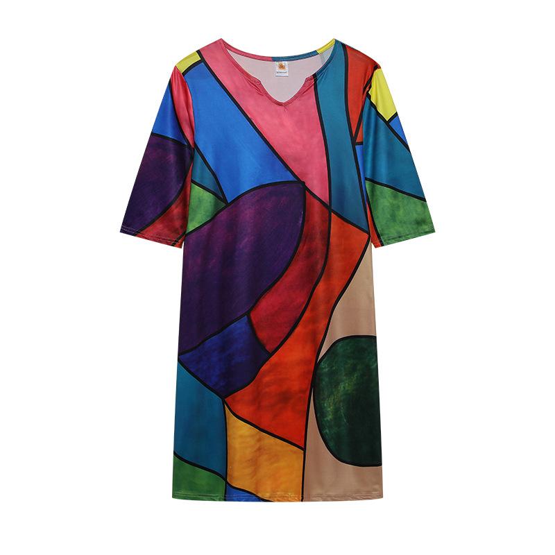 

Summer multicolored printing rendering fashion V-neck medium sleeve middle waist pullover A-shaped dress dress 5XL