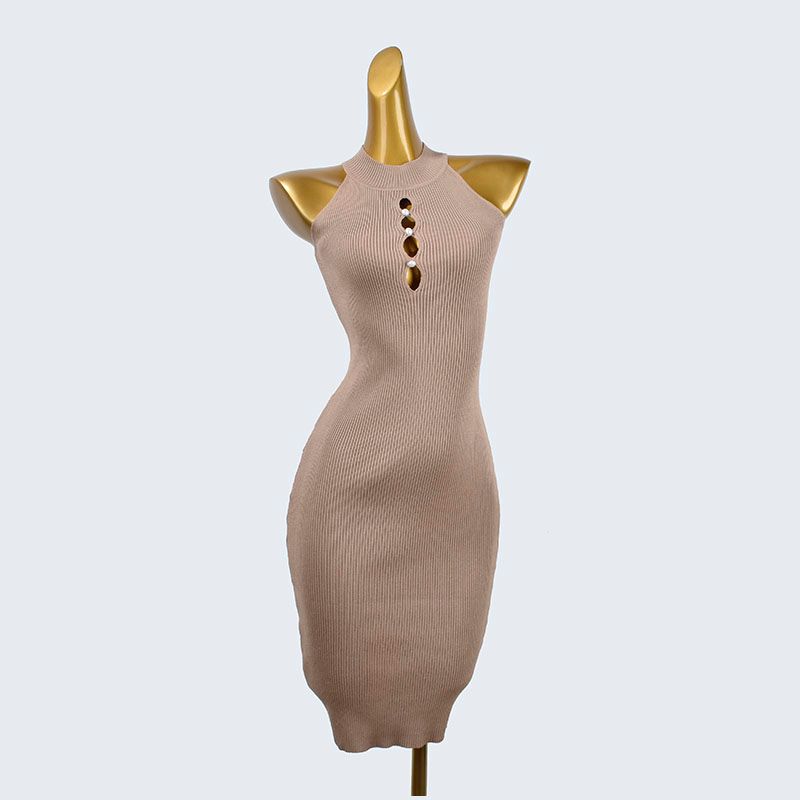 

Sexy Halterneck Sleeveless Knitting Vest Dress Special-Interest Design Silm Slim Looking Sexy Hip Skirt Women s Spring and Summer Khaki All yards