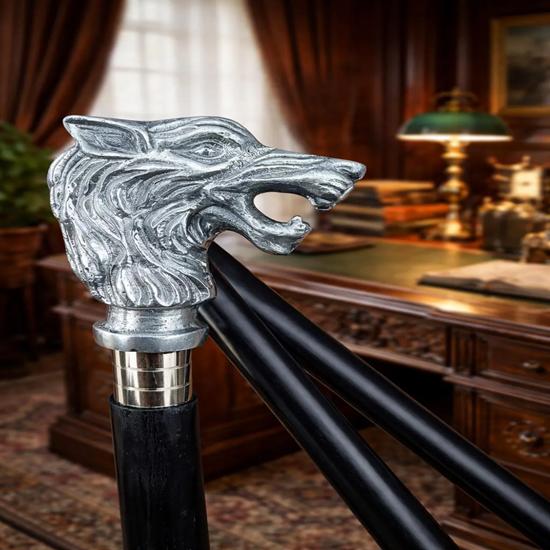 Wooden Walking Cane with Antique Wolf Head Handle Birthday Gift Home decor