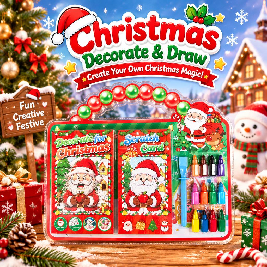 Christmas DIY Watercolor Coloring Book Set with Vibrant Paint - Graffiti Fill-in Painting Activity Book, Blister Pack Handheld Art Book Small Gift