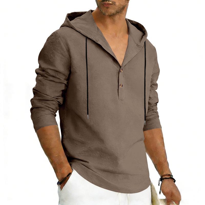 Men's Plus Size Linen Long Sleeve Hoodie, Casual Color Pullover