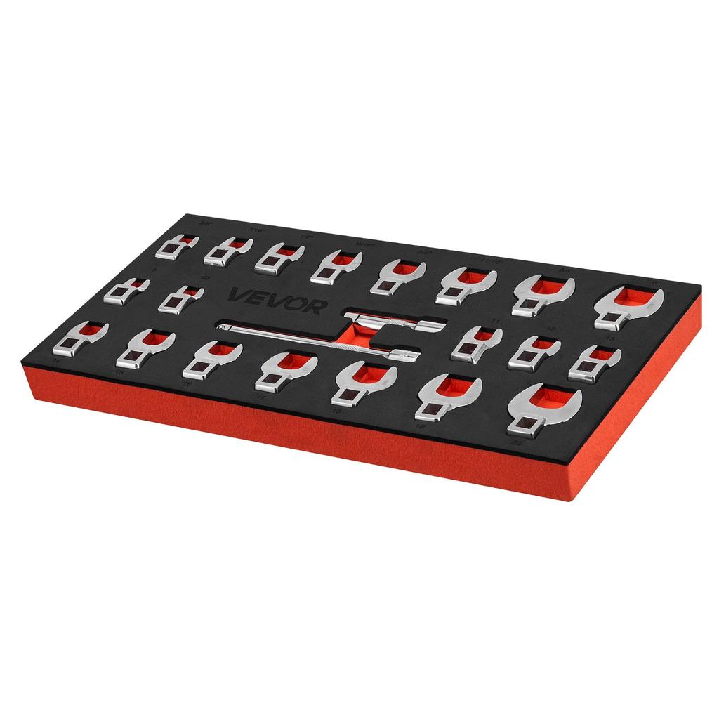 VEVOR Crowfoot Wrench Set, 3/8" Drive, 22-Piece Metric and SAE Size Crows Foot Wrenches, Cr-Mo Alloy Steel, with Storage Tray