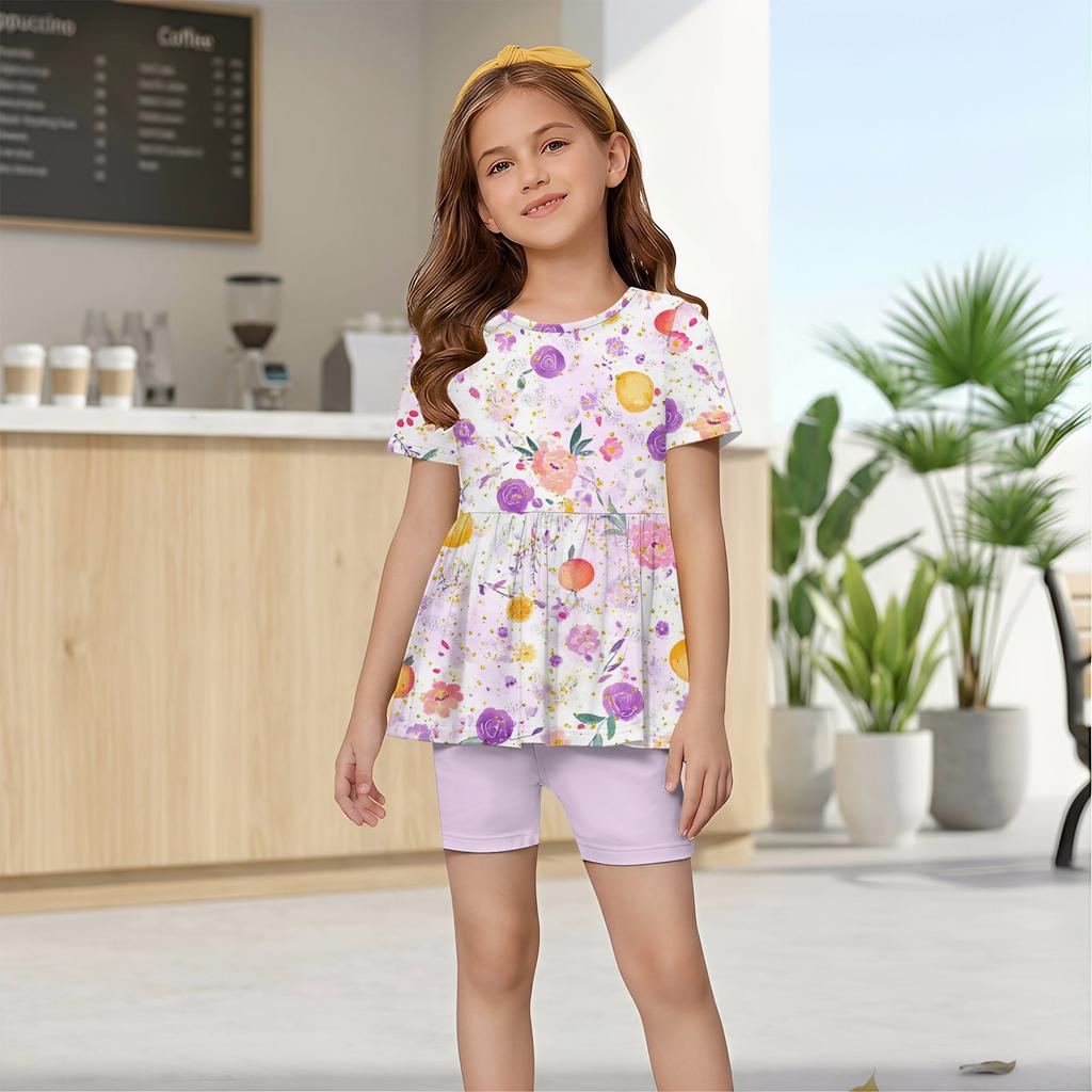 Mädchen Sommer Outfit Set Kurzarm Oberteil mit Rüschensaum und Schleifenprint mit passender Hose Weicher Leichter Bequemer Stoff für den täglichen Gebrauch