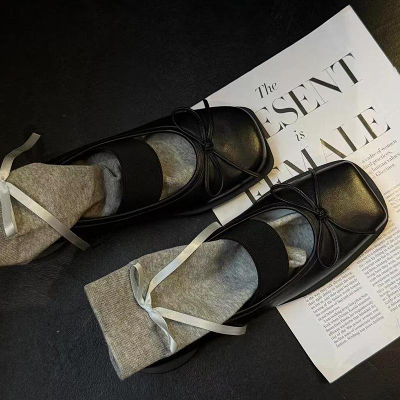 Fashion Retro Shallow Square Toe Ballet Shoes Women Bow New One Word Belt Round Thick Heel Mary Jane 2025 Slip On Black Casual Shoes
