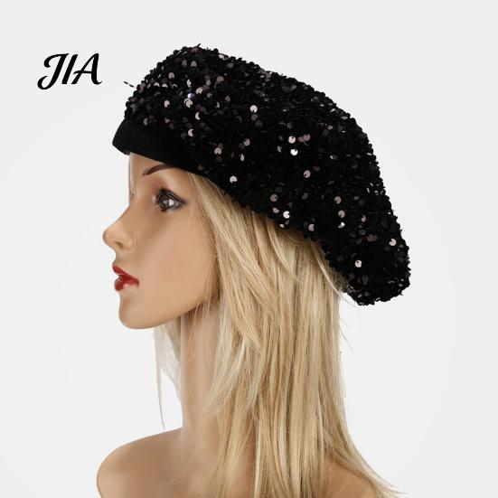 Sophisticated Daily Accessory Women Sequined Beret Hat, Sparkly Retro Artist Cap, Stylish Outdoor Fashion Headgear Adjustable Painter Cap for