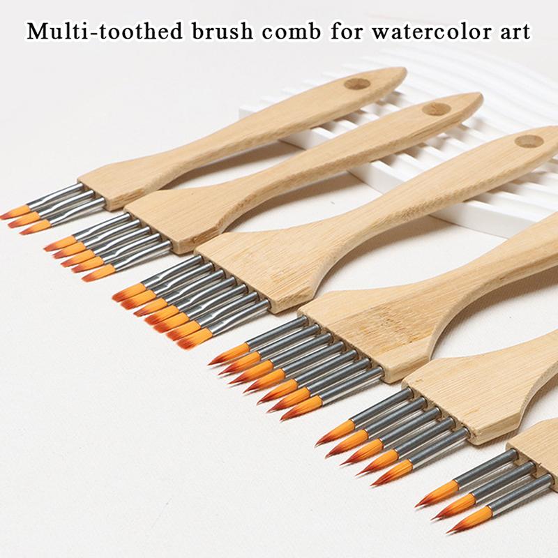 Round/Flat Multi-Tooth Comb Brush Nylon Wool Bamboo Handle Watercolor Brush Painting Supplies Art Stationery Acrylic Paint Brush
