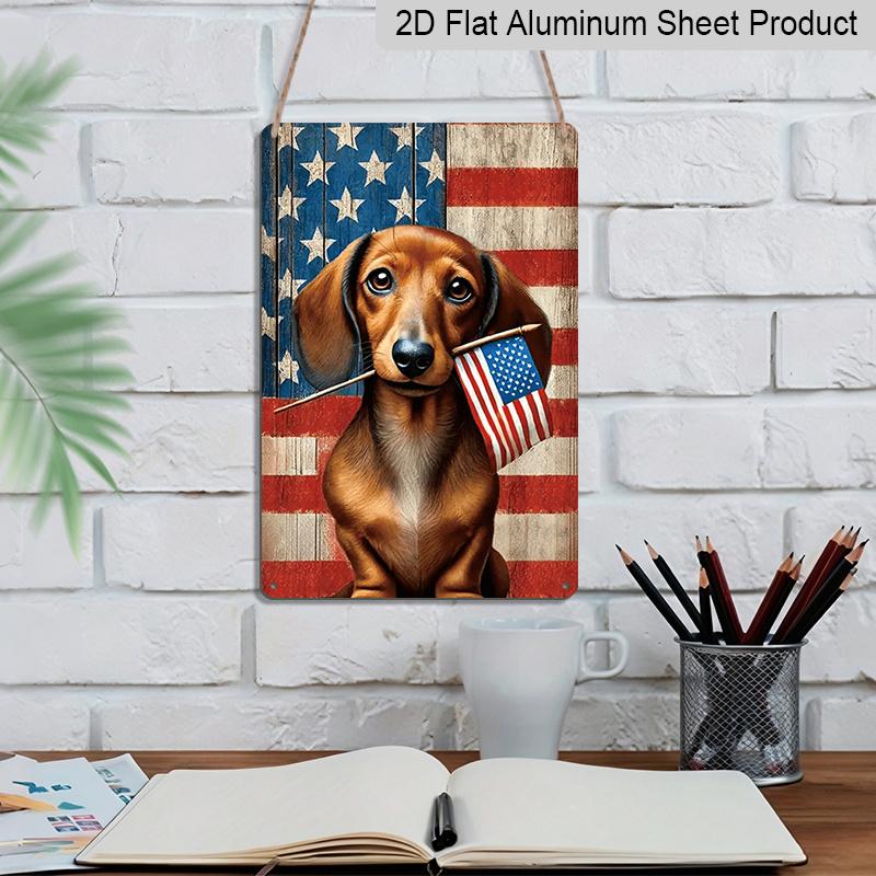2D Flat Patriotic Dachshund Metal Sign, 4th of July Dog Holding American Flag, 8×12 Inch Aluminum Wall Art, Rustic USA Flag Background Design