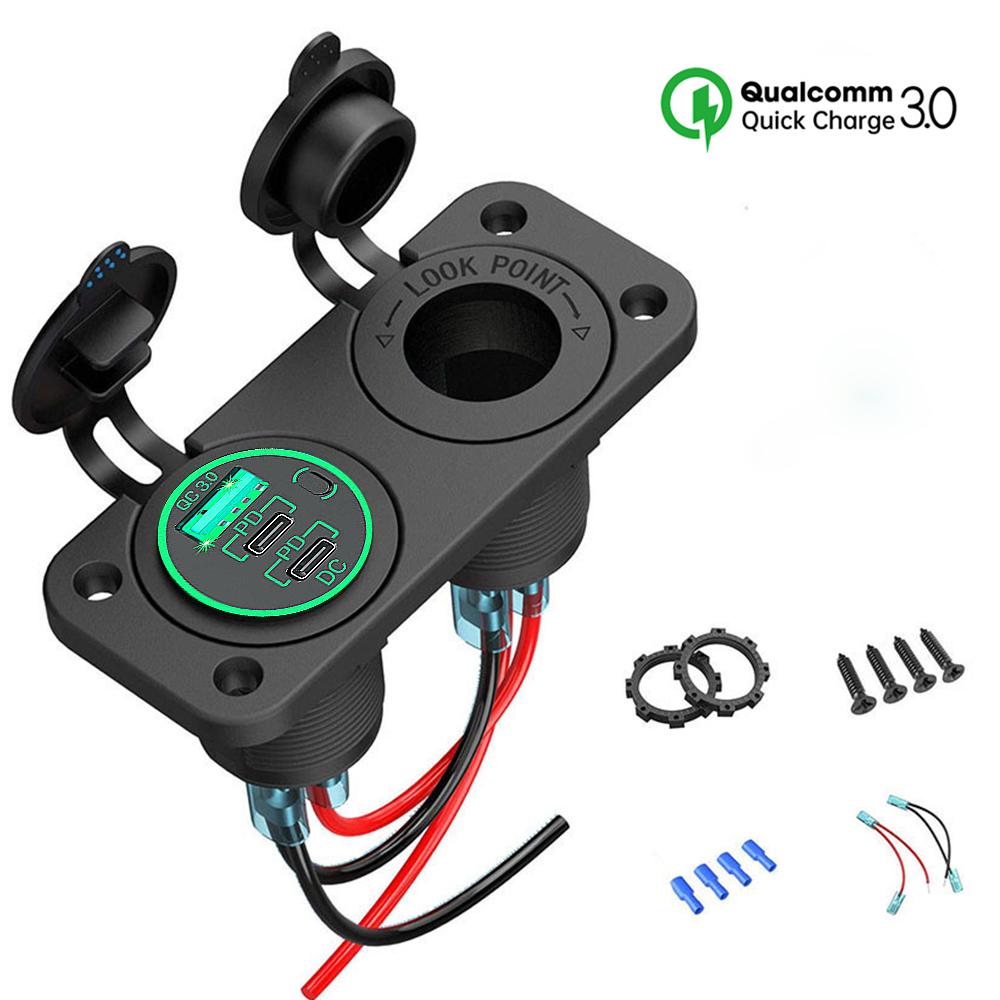 12V USB Socket Panel Quick Charge 3.0 Dual PD USB Car Charger Socket Outlet Cigarette Lighter Adapter for Car Boat RV Motorcycle
