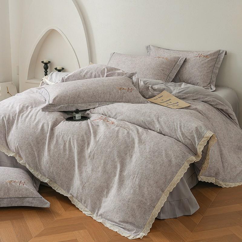 100% Cotton Brushed Bedding Set French Lace Embroidered Soft Breathable All Season Bed