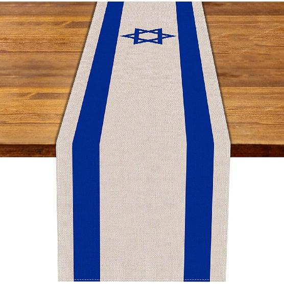 Linen Israel Flag Table Runner Je Table Decoration for Passover Rosh Hashanah Sukkot Sukkah Kitchen Dinning Room Party Decor (13" x 72")