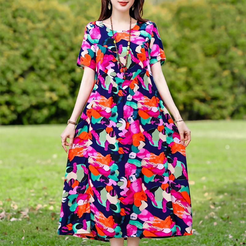 Plus Size Elegant Women's Summer Dress Vintage Clothes Short Sleeve Loose Long Dresses