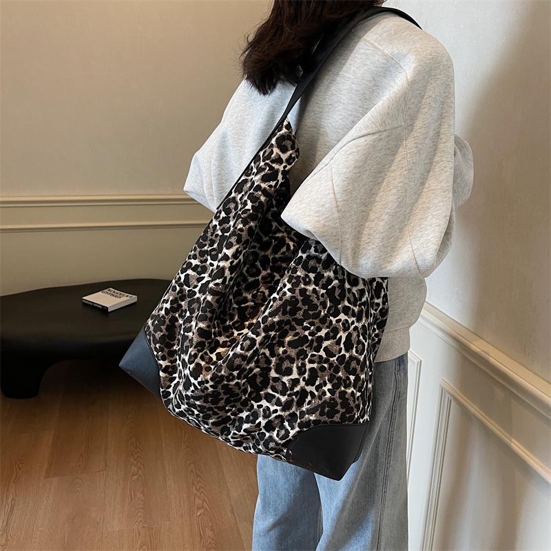 Leopard Print Large Capacity Tote Bag Women's Vintage Canvas Shoulder Crossbody Bag