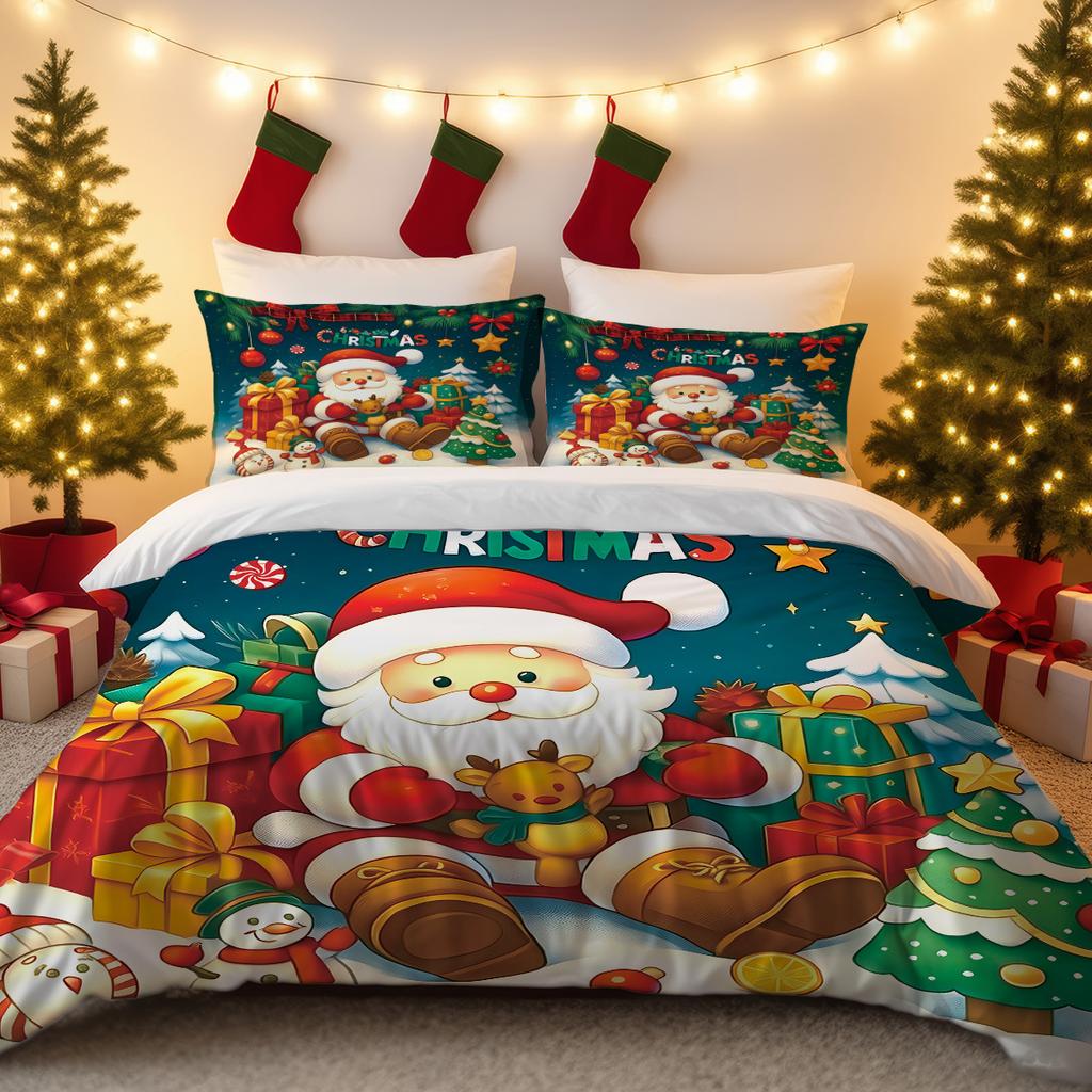 Husă de plapumă din trei piese Lenjerie de pat de Crăciun Față de pernă cu Moș Crăciun Husă de plapumă