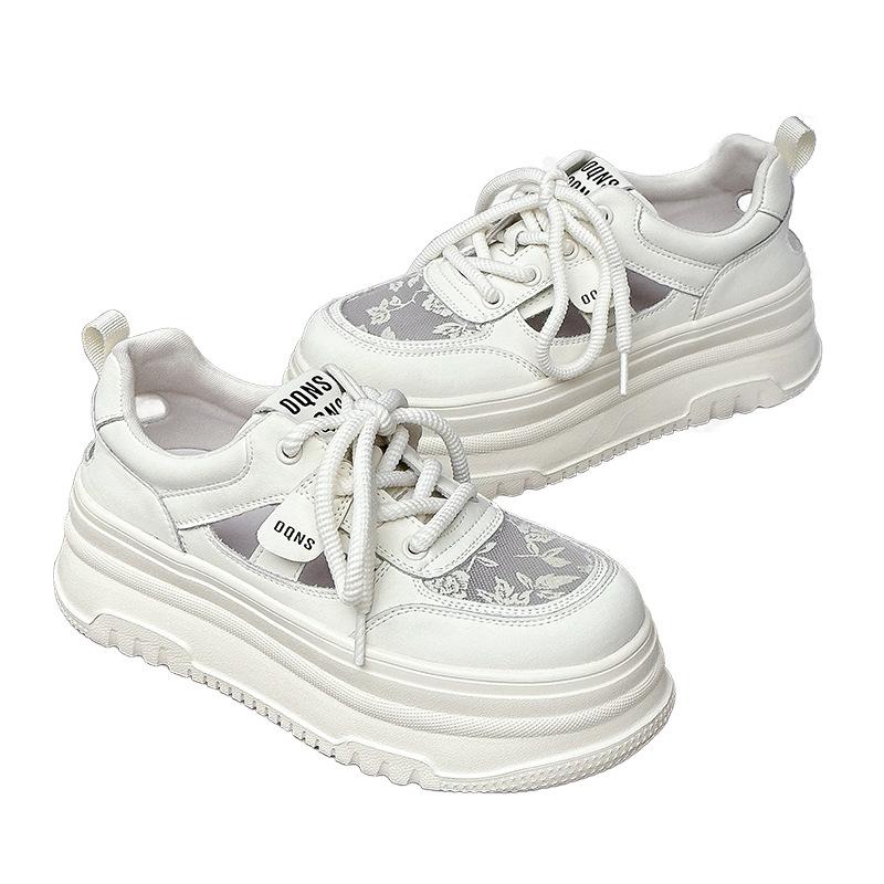 Leather Summer New Lace Gauze Hollow Breathable Thick-soled Sports and Leisure Board Shoes