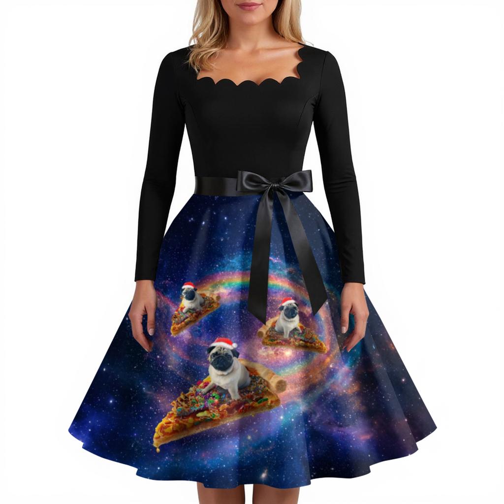 Women's Fashion Retro Long-sleeved Square Collar Christmas Printed Evening Dress
