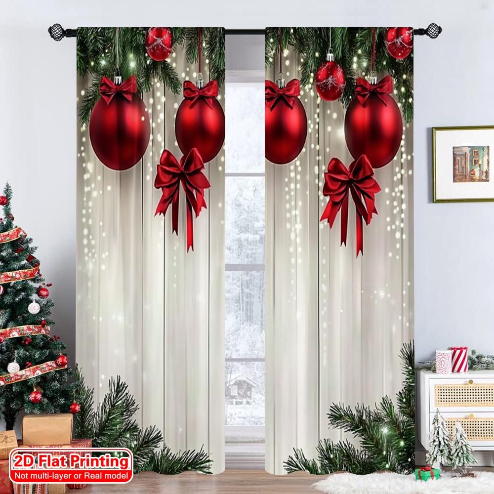 Set Of 2 Flat Printing Christmas Window Drapes Red Green Versatile Polyester Fabric Without Electricity Birthday Party Use Curtain Made