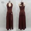 European and American summer new women's clothing neck halter solid color split slim sexy long dress dress