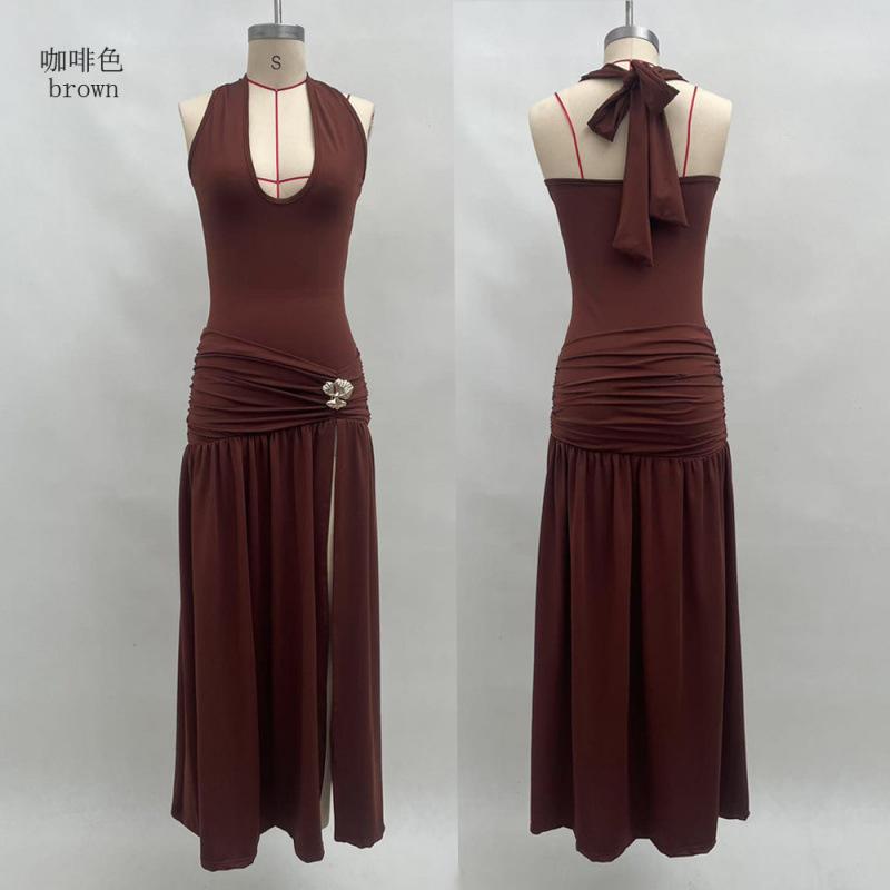 European and American summer new women's clothing neck halter solid color split slim sexy long dress dress