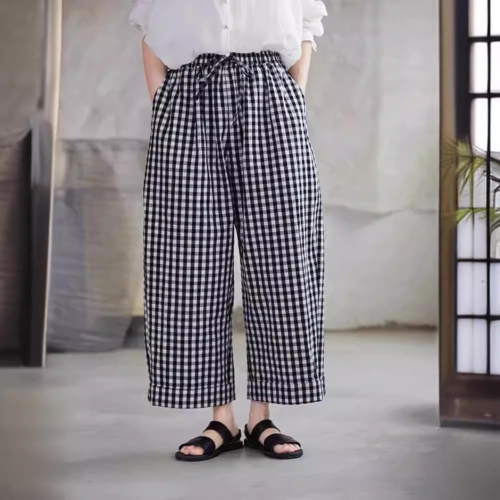 Summer Plaid Cotton-Linen Women s Carrot Pants - Black & White, Elastic Waist, Loose Fit L