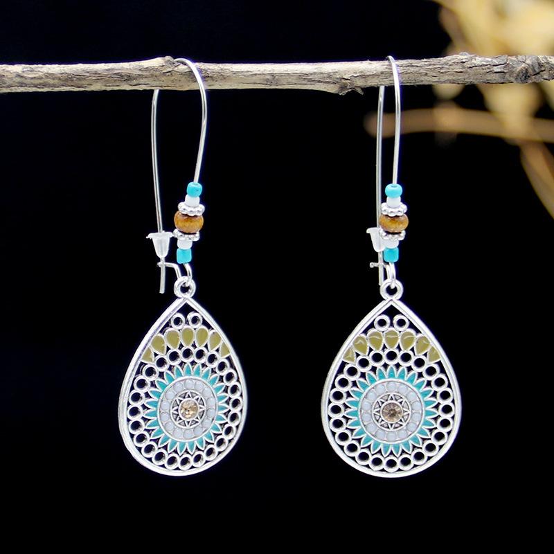 Bohemian Ethnic Style Retro Personality Jewelry Hollow Water Drop-Shaped Alloy Point Drill Long Earrings Women'S Earrings