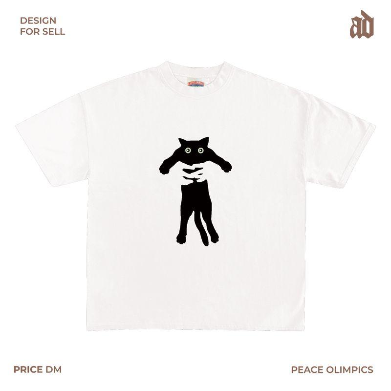 

230G Lightweight Shoulder Style Hug Cat Look Funny Illustration round Neck T-shirt Fun Adorable Style White XL