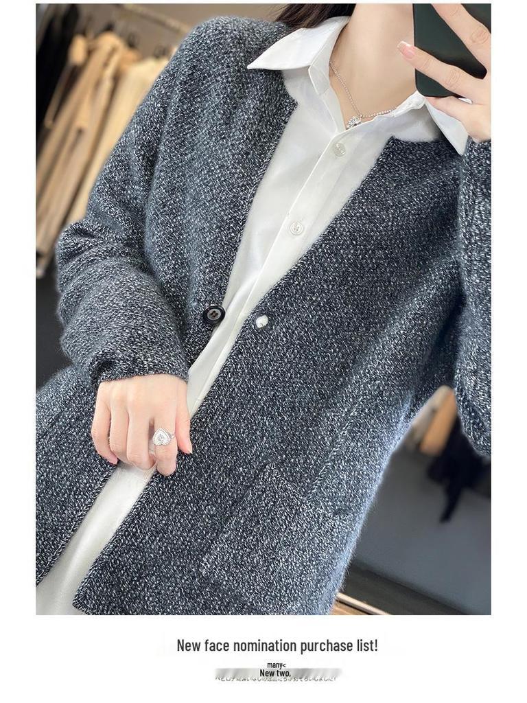 Cozy 100% Wool Knitted Stand-Up Collar Cardigan - Women's Spring & Autumn Loose Outerwear, Versatile Fashion Sweater