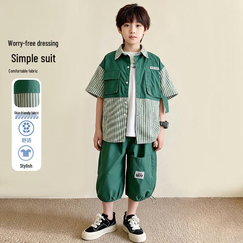 Boys  Spliced Stripe Short Sleeve Shirt  Green Cargo Shorts Set 150 зелёный