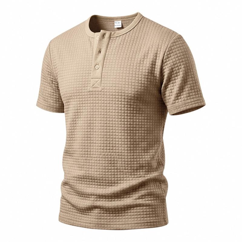 Men's Waffle Knit Henley T Shirts Short Sleeve Casual Solid Color Summer Basic Tee Tops
