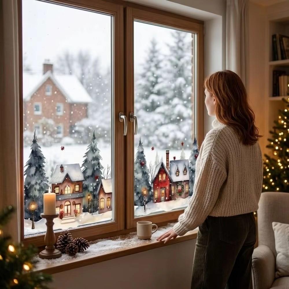 Static Adhesive Christmas Window Clings Waterproof Snowy Village Stickers Winter Home Decor