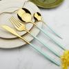 Juego de 16 piezas de Acero Inoxidable Cubiertos Vajilla Cubertería Verde Menta Cuchillos Tenedores Cuchara de Postre Hogar Cubiertos Plata Vajilla de Cocina