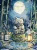 Japanese Black Cat Bathing Moon Lucky Cat Cartoon Illustration Retro Diamond Paintings Wall Art Pictures Home Decor Gift