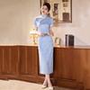 Light Blue Chinese-Inspired Long Cheongsam Dress Women Vintage Fit Short Sleeve Stand Collar Design