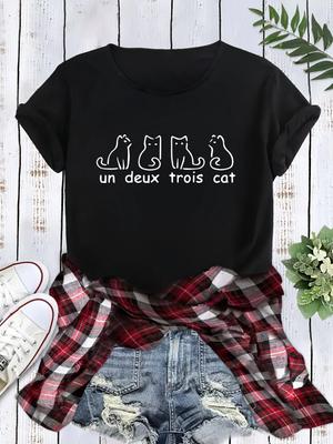 Women's Casual Short Sleeve T-Shirt "Un Deux Trois Cat" French Cats Print Funny Graphic  Casual Summer Top 2024 New Harajuku