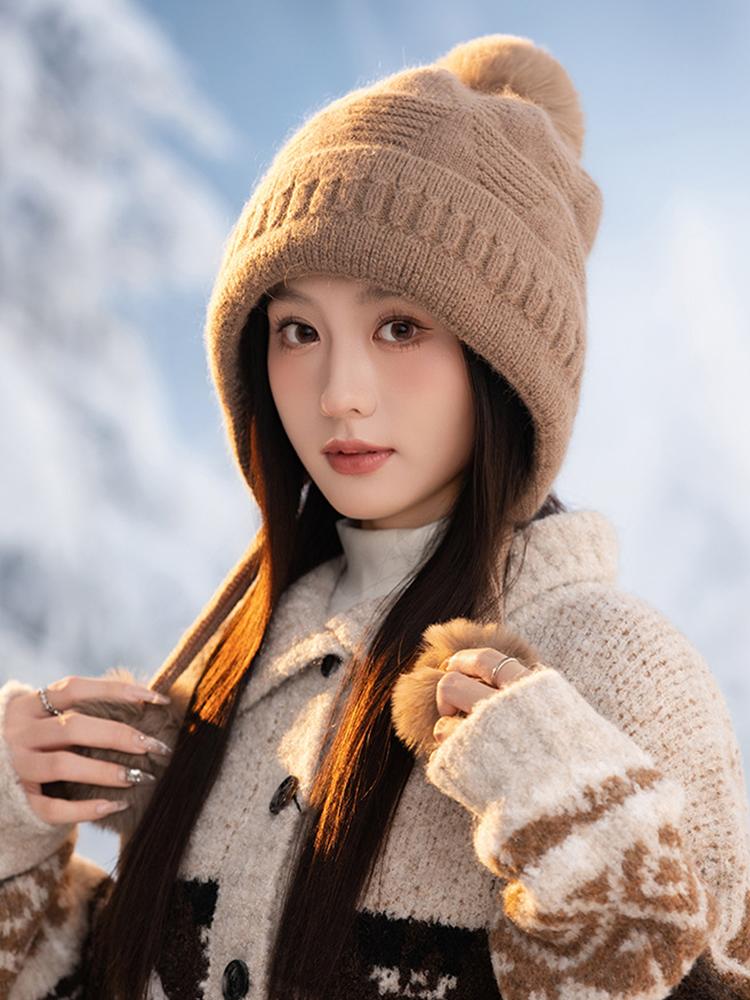 Winter Women Knit Weaving Thicken Warm Windproof Cap Lei Feng Cap Lady Sweet Hairy Balls Solid Casual Thermal Hat Fashion New