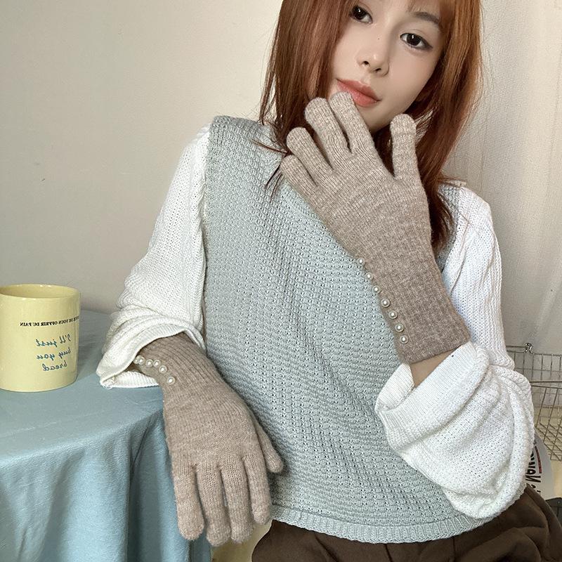 Korean Style Autumn/Winter Pearl Fingerless Touchscreen Wool Gloves for Women