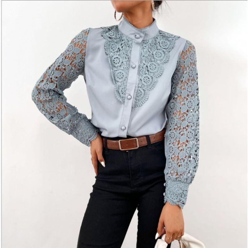 Women Lace Stitching Long-Sleeved Shirt Lace