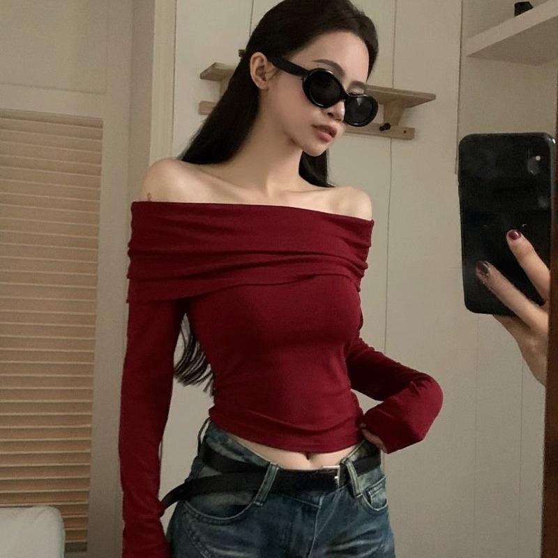 Vintage Red Pullovers Women Slash Neck Slim Long Sleeve Short Basic Sexy Pleated New Hot Chic Ulzzang Streetwear All-match