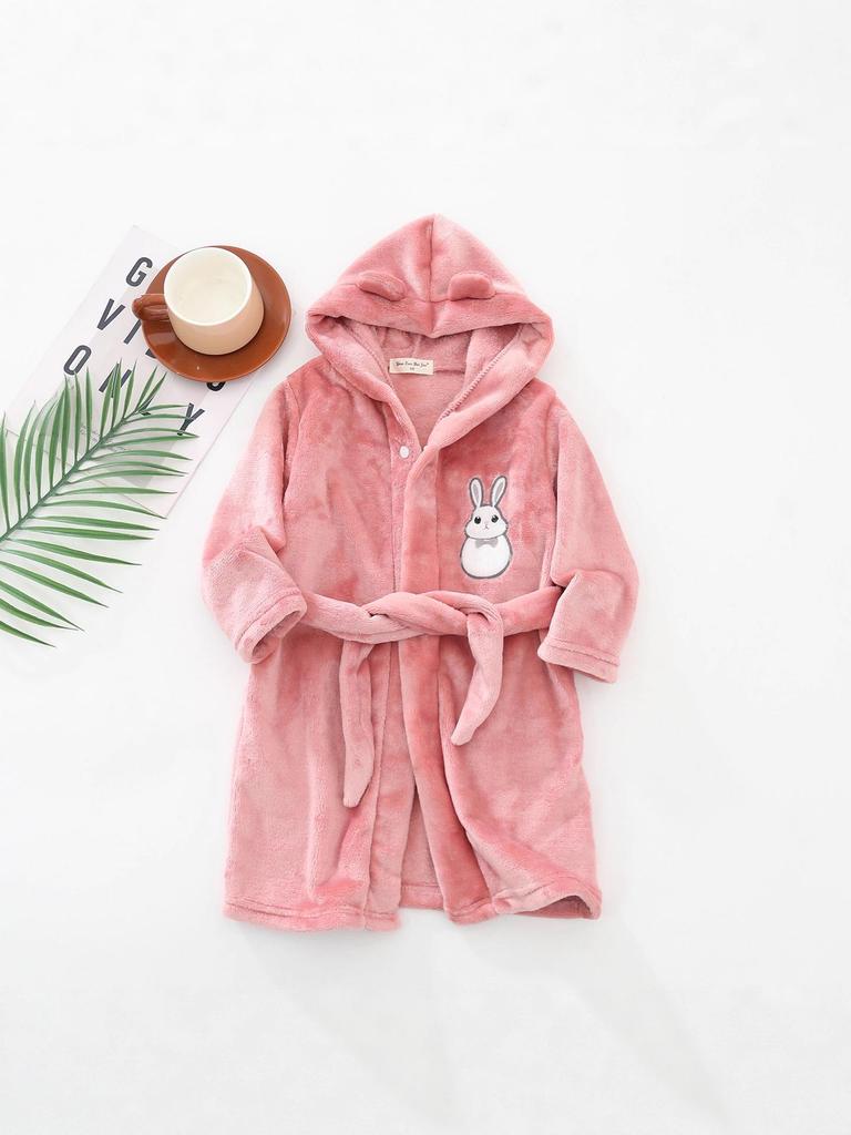 2025 Korean Flannel Kids' Embroidered White Rabbit Hooded Bathrobe