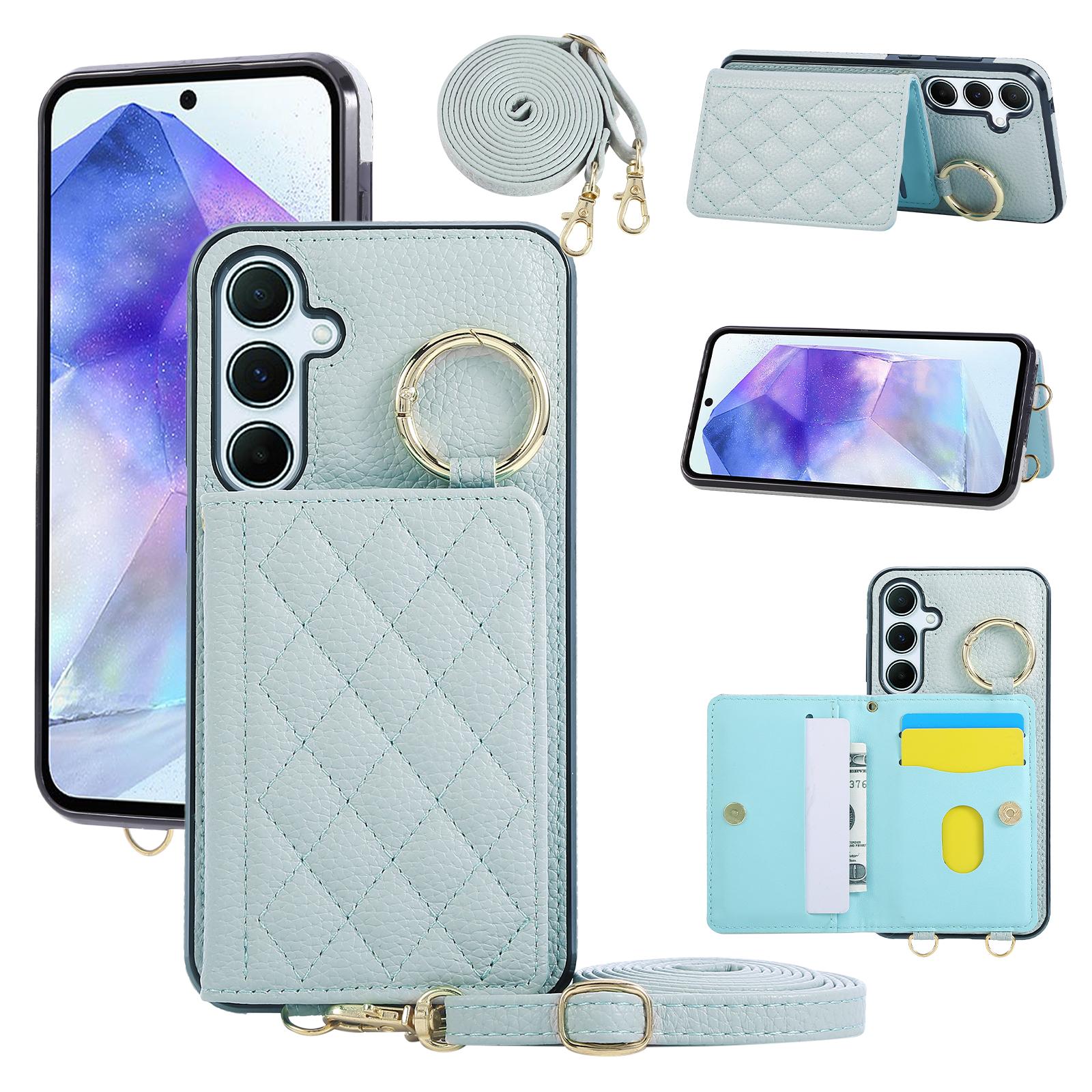 

For Samsung Galaxy A16 4G/5G Case Kickstand Rhombus Leather+TPU Phone Cover with Shoulder Strap Blue