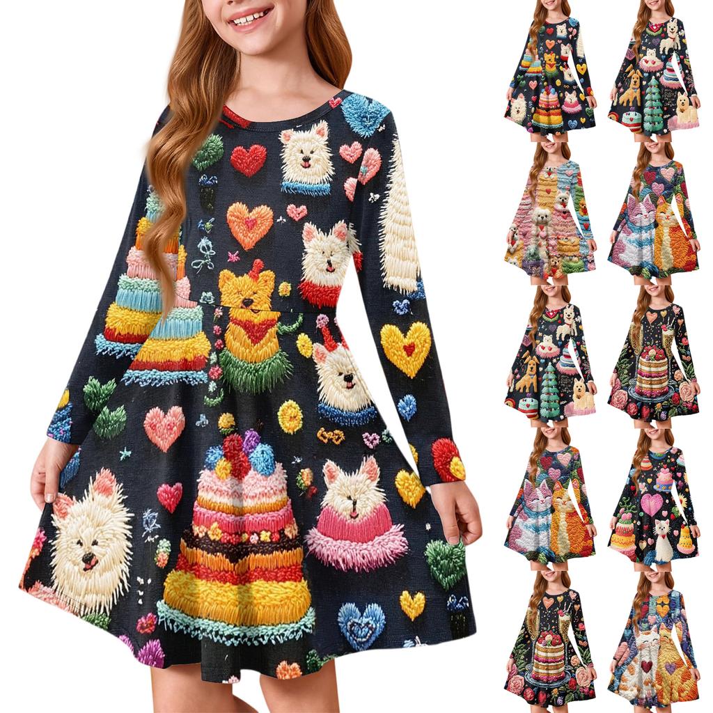 Sommer-Prinzessinnenkleid für Mädchen, Langarm A-Linien T-Shirt-Kleid Valentinstag