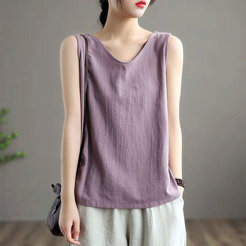 Purple Retro-Inspired Cotton Linen Spaghetti Strap Tank Top for Women
