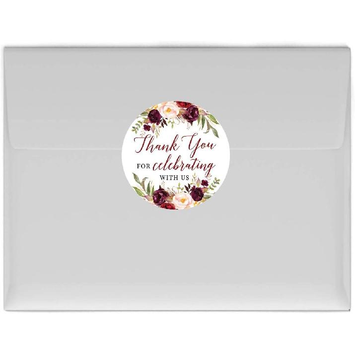 Andaz Press Fall Autumn Burgundy Maroon Floral Flowers Party, 2-Inch Round Circle Label Stickers, Thank You for Celebrating with Us Sticker, 40-Pack,