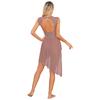 Womens Shiny Rhinestone Sheer Mesh Dress Open Back Asymmetrical Hem Sleeveless Dress Figure Skating Dance Performance