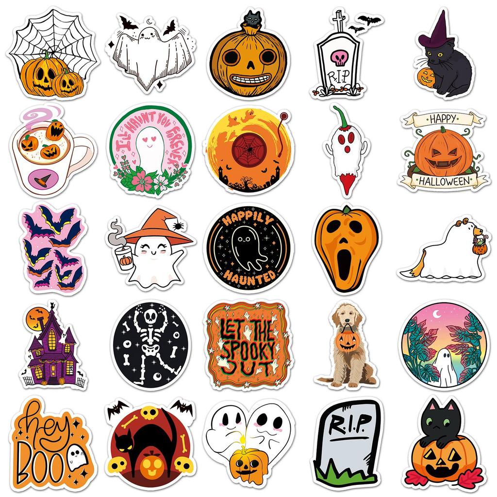 50 Scary Halloween Stickers: Cartoon Pumpkins for Notebooks, Journals, and Luggage