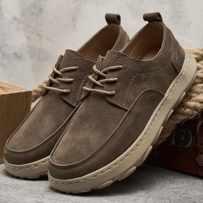 Spring New Genuine Leather Shoes for Men with Lace Up Retro Solid Sole Lightweight Casual and Easy To Wear Shoes with Thick Sole