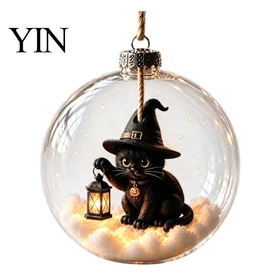 Dormitory Festive Accessory Halloween Glowing Sphere, Lighted Clear Ball Ornament, Cute Witch Seasonal Home Decoration Cat, LED Hanging for