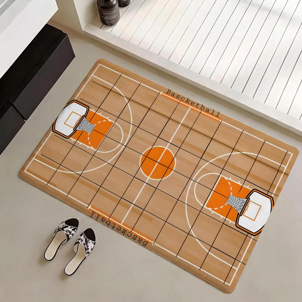 Basketball Court Pattern Floor Mat Eco Flannel Doormat Non-Slip Odorless Indoor Soft Short Plush Floor Rug