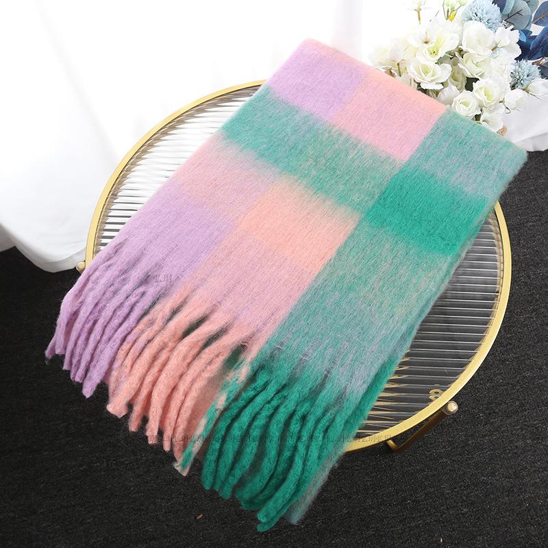 Men's and Women's Autumn and Winter Scarf Fashionable Warm Rainbow Plaid Shawl Tassel Thickened Mohair Scarf